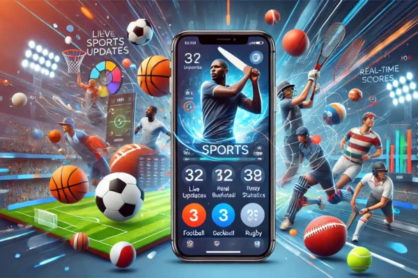 A sleek iPhone displaying the eTrueSports iOS app interface, featuring live sports updates, real-time scores, and detailed statistics. The background includes icons of football, basketball, cricket, and rugby, representing the app's extensive sports coverage.