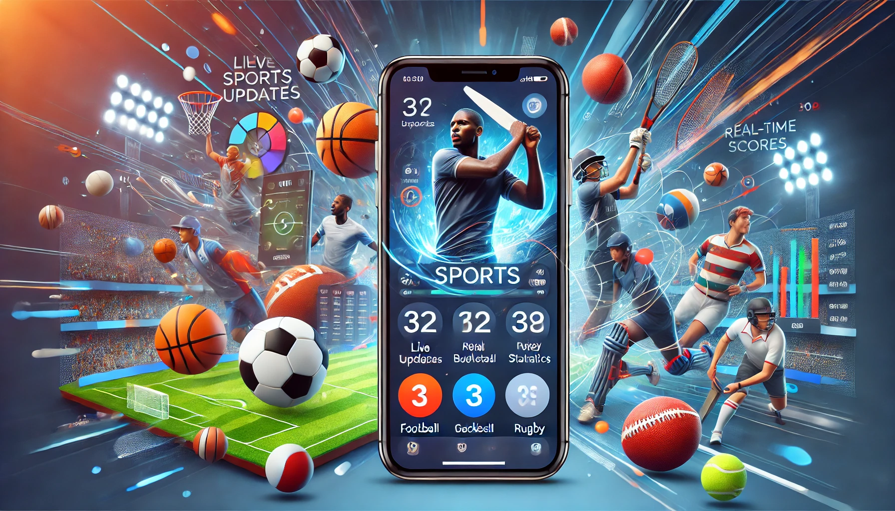 A sleek iPhone displaying the eTrueSports iOS app interface, featuring live sports updates, real-time scores, and detailed statistics. The background includes icons of football, basketball, cricket, and rugby, representing the app's extensive sports coverage.