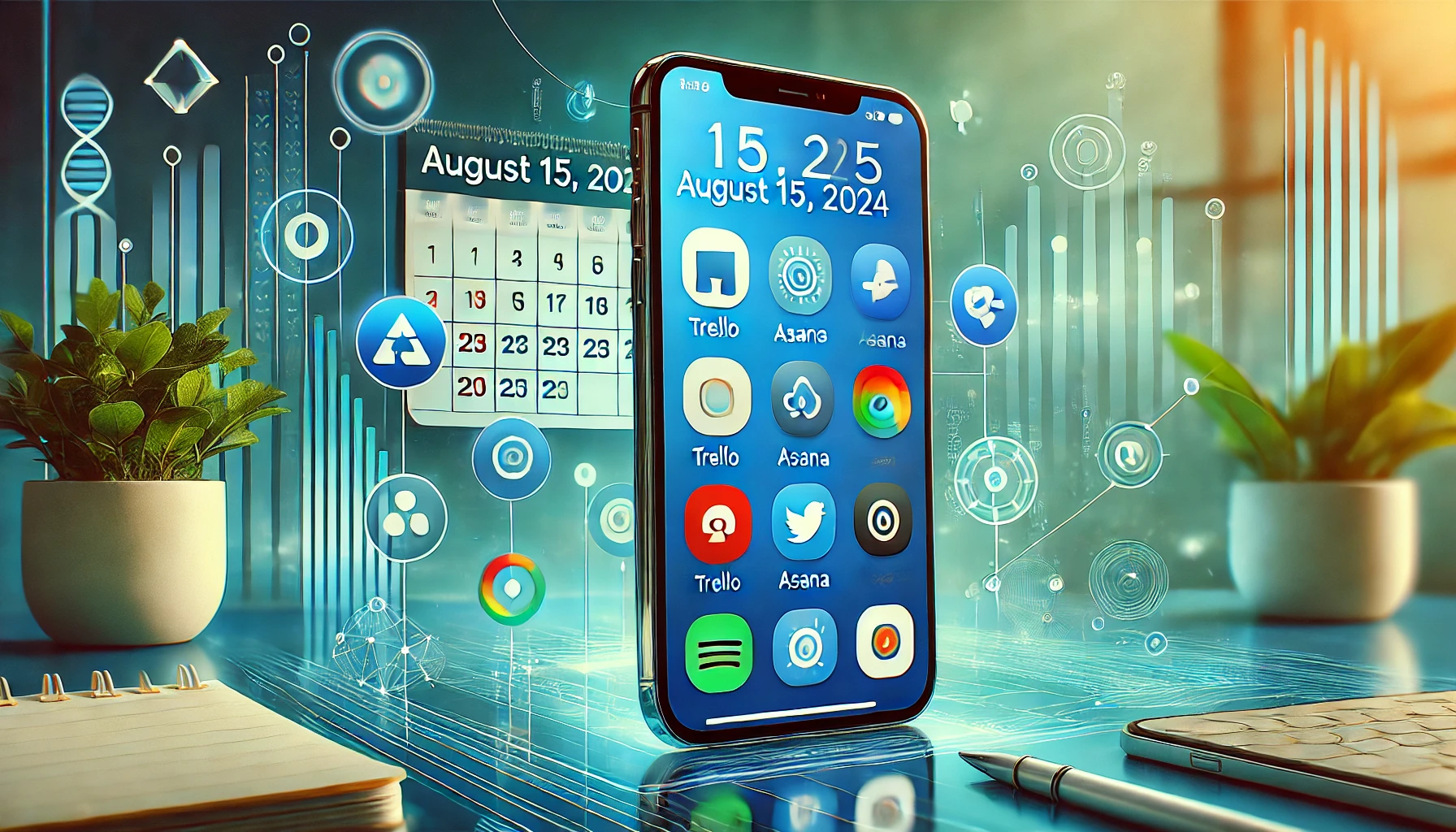 ETSIOSApp interface on a smartphone screen with a calendar marked (ETSIOSApp Release Date)August 15, 2024, showcasing productivity and collaboration tools in a dynamic tech setting.