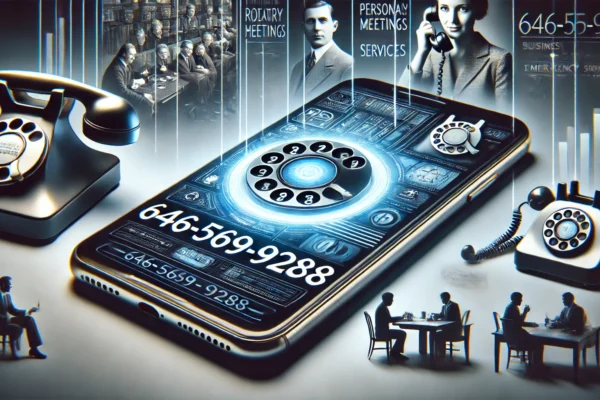 Sleek smartphone displaying the number 646-569-9288, with historical rotary phones, business meetings, personal connections, and emergency services in the background, symbolizing its versatile uses and historical evolution.