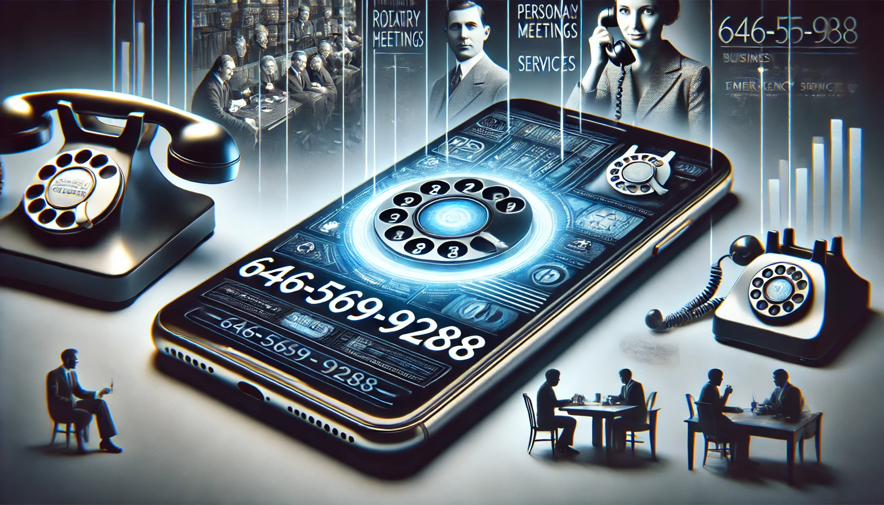 Sleek smartphone displaying the number 646-569-9288, with historical rotary phones, business meetings, personal connections, and emergency services in the background, symbolizing its versatile uses and historical evolution.