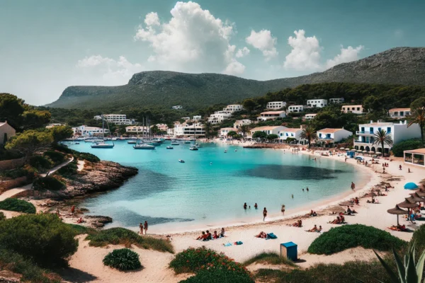 Serene beach on Maññorca with clear blue waters, white sandy shores, lush green hills, and a picturesque fishing village in the distance. People sunbathing, swimming, and walking along the beach.