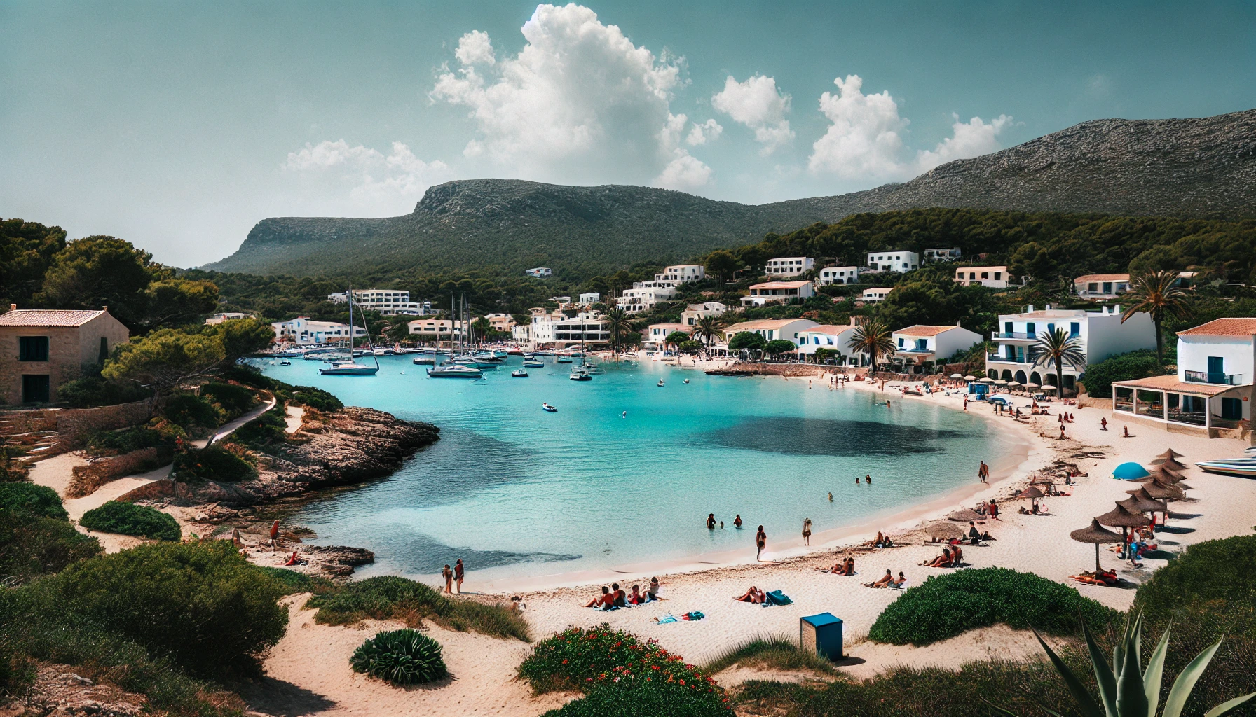 Serene beach on Maññorca with clear blue waters, white sandy shores, lush green hills, and a picturesque fishing village in the distance. People sunbathing, swimming, and walking along the beach.