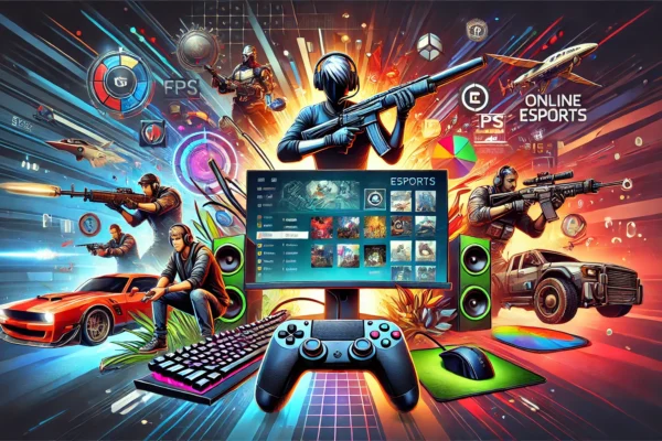 a unfgaming.net blog/: Dynamic featured image showcasing various aspects of online gaming and esports, including a gaming monitor, gamer with controller, and gaming peripherals, set against a vibrant background