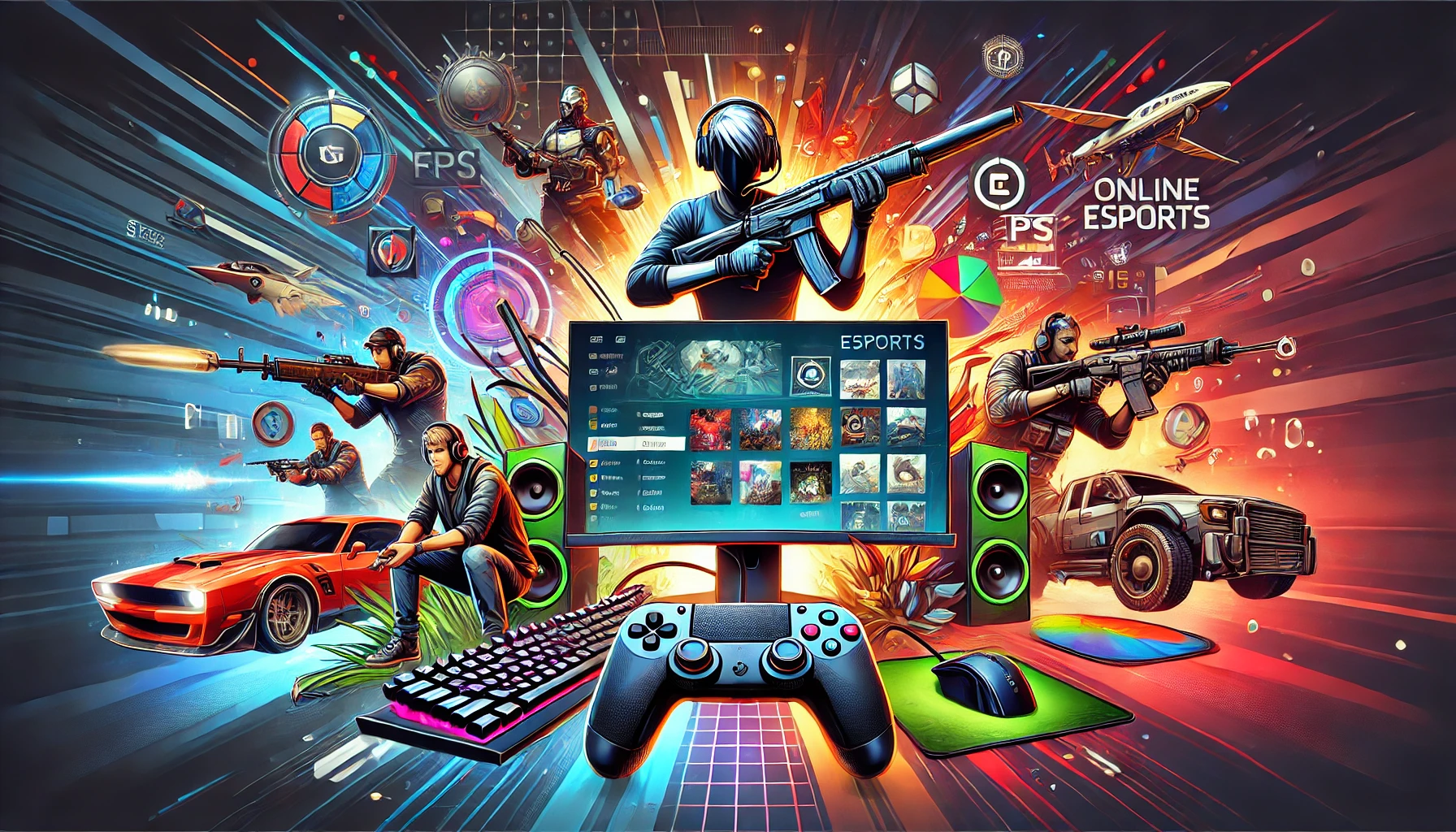 a unfgaming.net blog/: Dynamic featured image showcasing various aspects of online gaming and esports, including a gaming monitor, gamer with controller, and gaming peripherals, set against a vibrant background