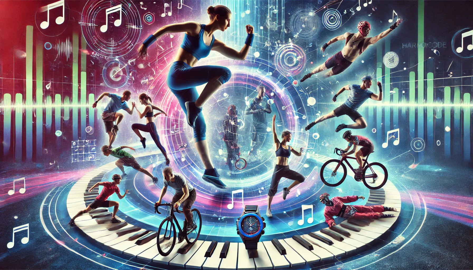 Athletes in various sports like running, cycling, swimming, and martial arts, synchronized with musical notes and rhythms, showcasing the fusion of music, athleticism, and technology in Harmonicode Sport.