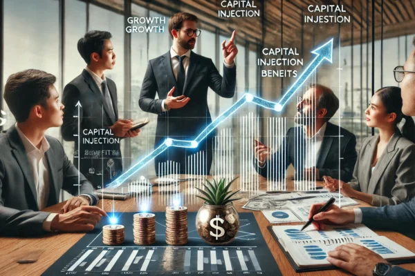 Business professionals discussing growth plans with a graph showing financial growth, stacks of coins, and upward arrows in the background, symbolizing Capital Injection Monievest benefits.