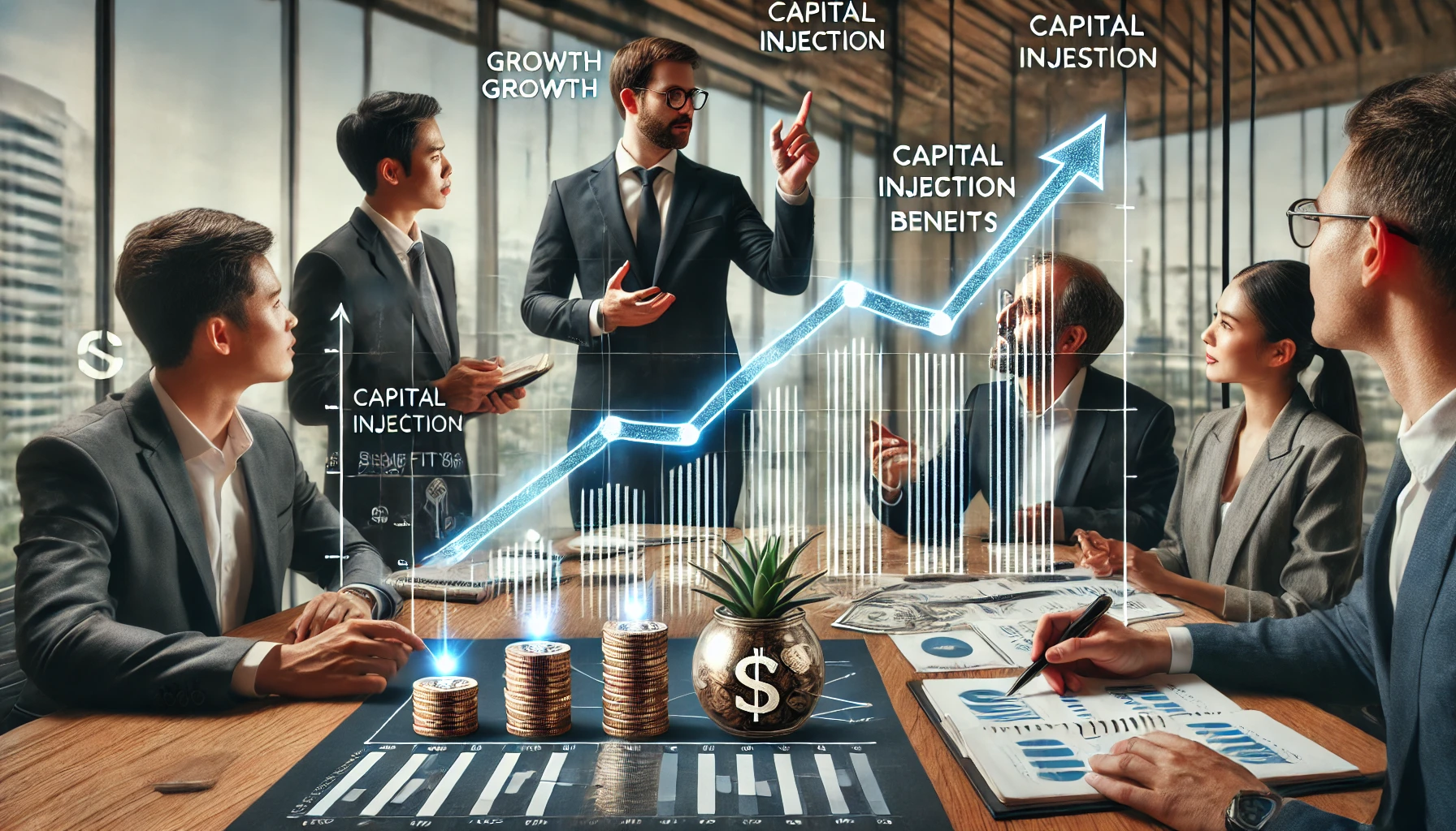 Business professionals discussing growth plans with a graph showing financial growth, stacks of coins, and upward arrows in the background, symbolizing Capital Injection Monievest benefits.