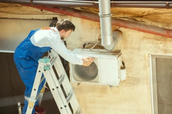 Technician in blue overalls repairing a YEX382V3YTE air conditioner on an exterior wall while standing on a ladder.