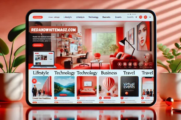 Screenshot of RedAndWhiteMagz.com homepage featuring categories like lifestyle, business, technology, and travel with a sleek red and white design.