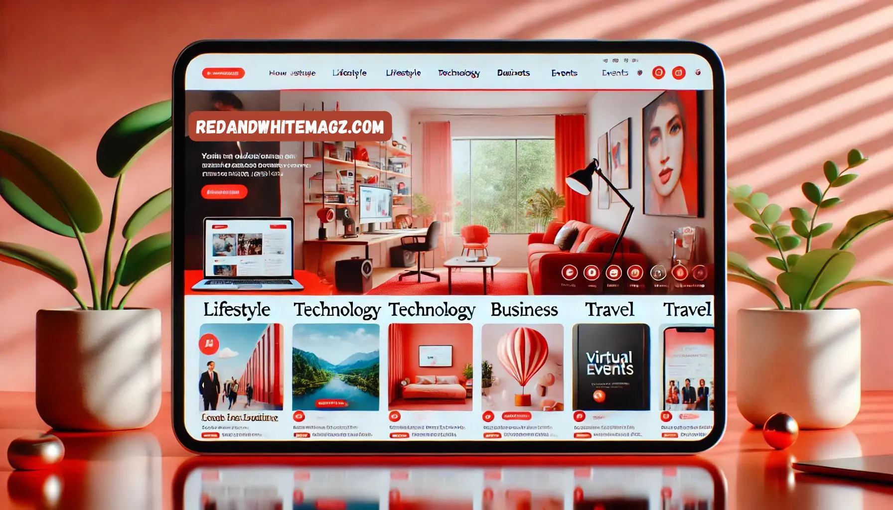 Screenshot of RedAndWhiteMagz.com homepage featuring categories like lifestyle, business, technology, and travel with a sleek red and white design.