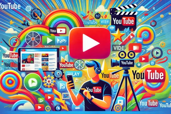 Colorful featured image showcasing the diverse content on yoútbe, including video thumbnails, a play button icon, a person recording with a smartphone, and the yoútbe logo, representing entertainment, education, and creativity.