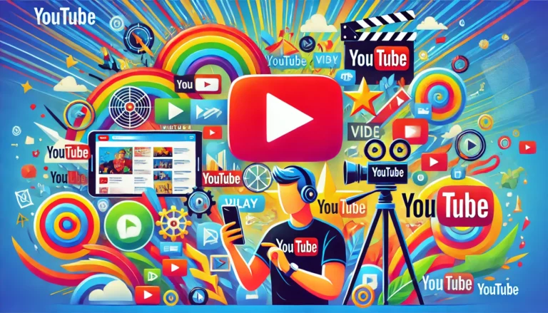 Colorful featured image showcasing the diverse content on yoútbe, including video thumbnails, a play button icon, a person recording with a smartphone, and the yoútbe logo, representing entertainment, education, and creativity.