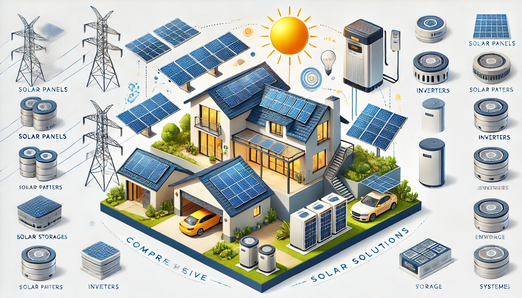 Residential home with solar panels on the roof, an inverter on the wall, and a battery storage unit in the garage, showcasing Hamro Solar LLC's comprehensive solar energy solutions.